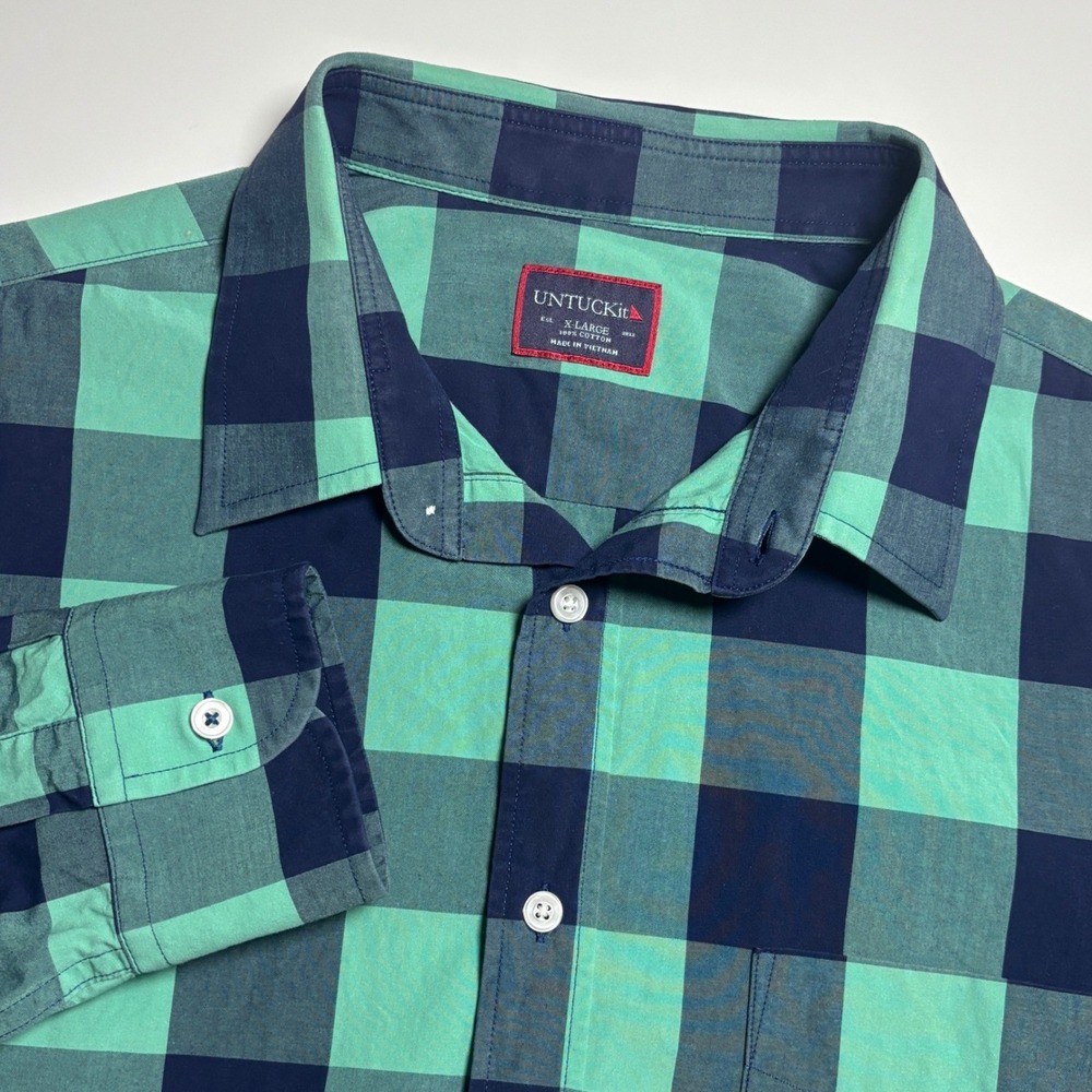 UNTUCKit Buffalo Plaid Green Navy‎ Check Mens XL Long Sleeve Button Up Shirt